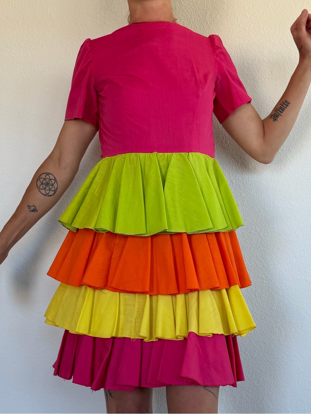 Vintage Bright Pink Tiered Ruffle Mini Dress with Neon Color Blocks